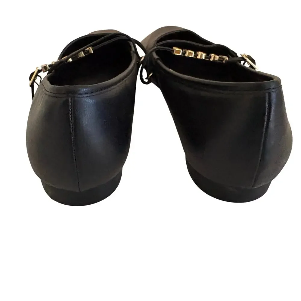 Charles & Keith Faux Black Leather ADORE Charm Mary Jane Ballet Flats Shoes Glam